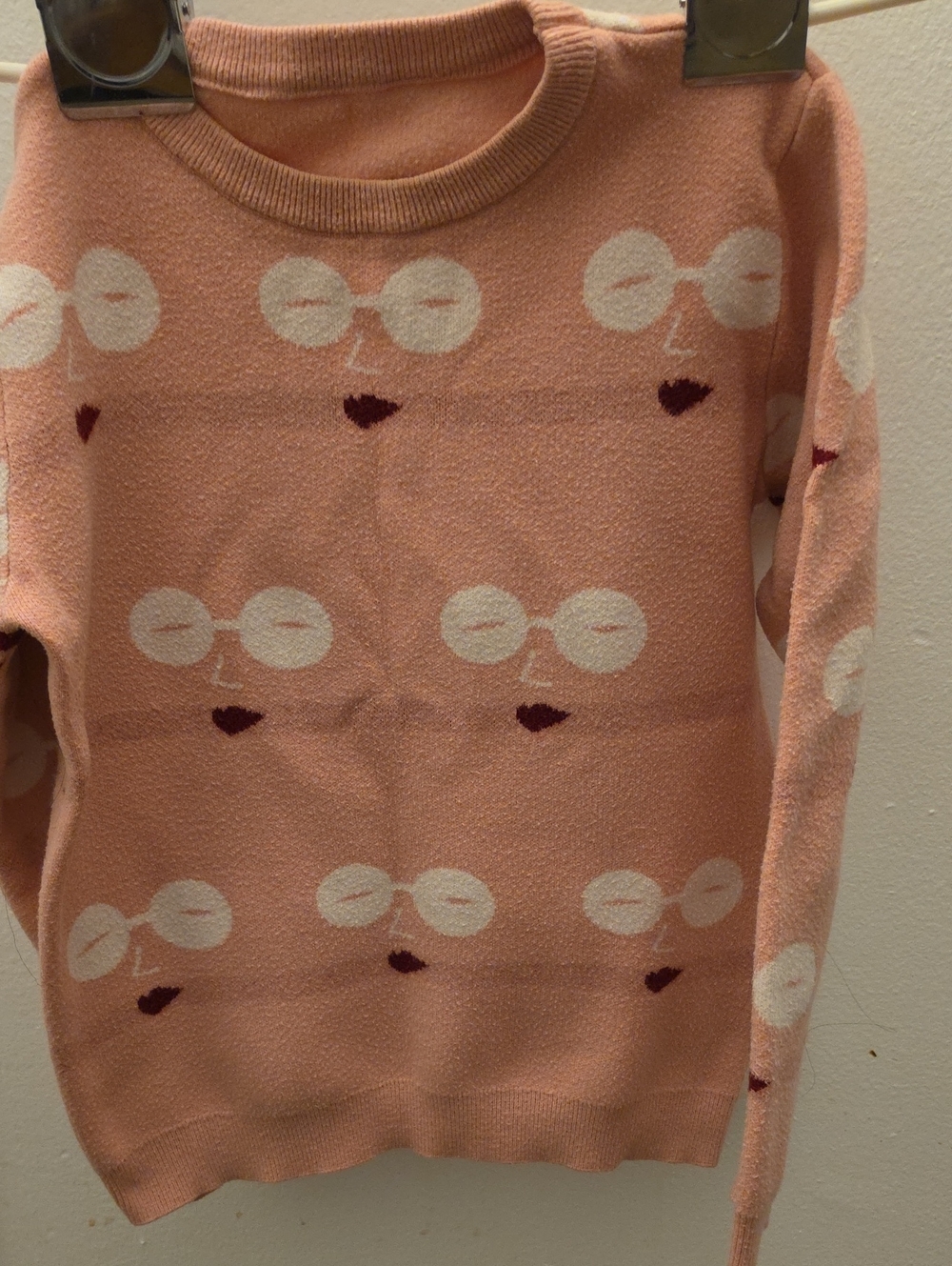 Peach Crewneck Sweater with White Sunglasses & Maroon Heart Motif
